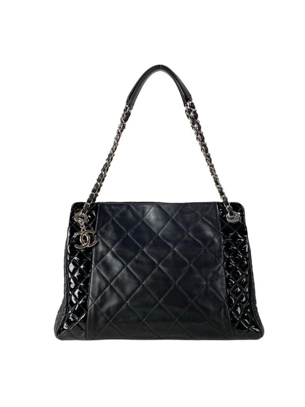 Chanel Tote Quilted Black Chain Silver Coco Charm Leather Lambskin